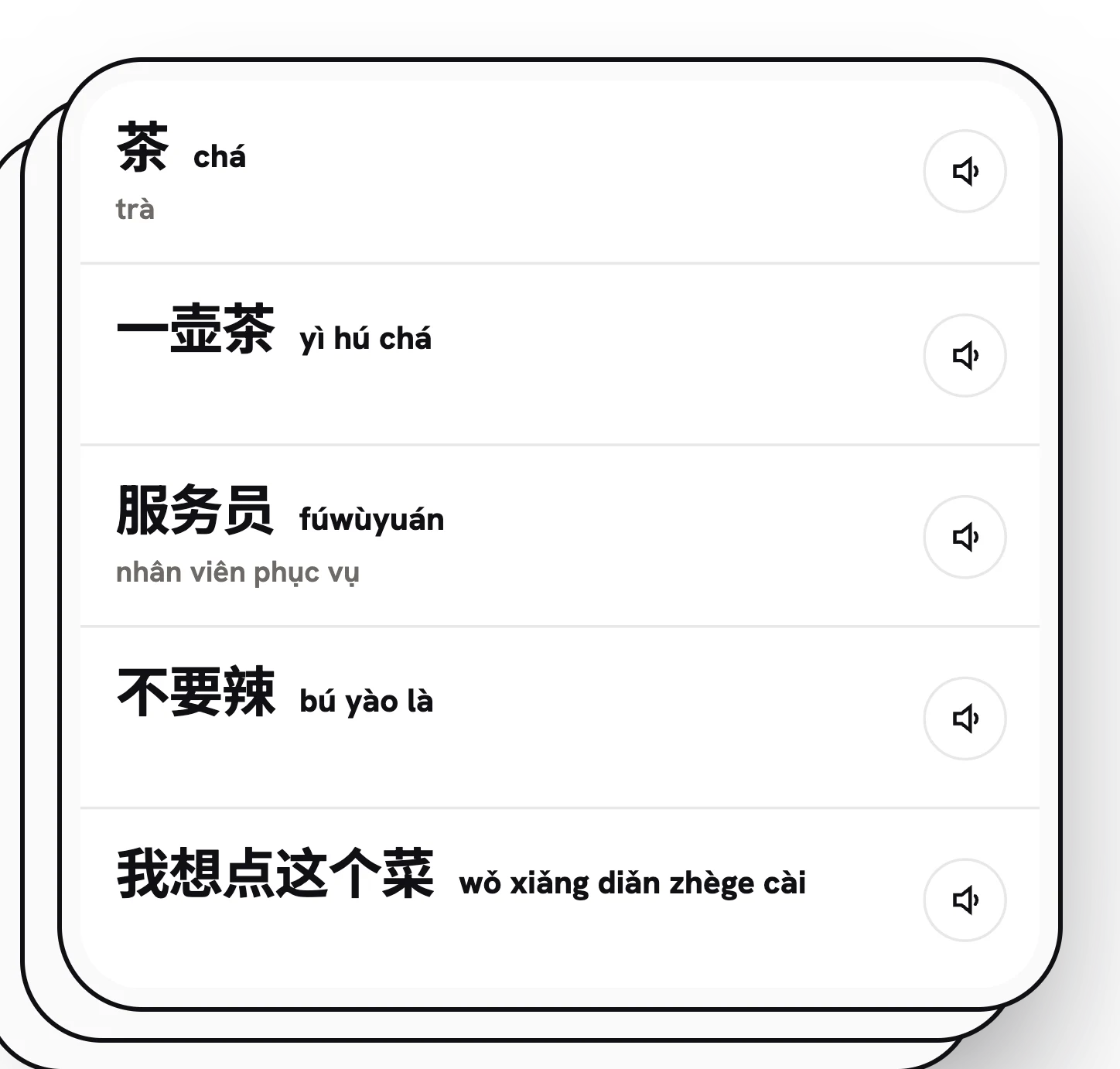 Bộ từ vựng của bạn: 茶, 一壶茶, 服务员, 不要辣, 我想点这个菜