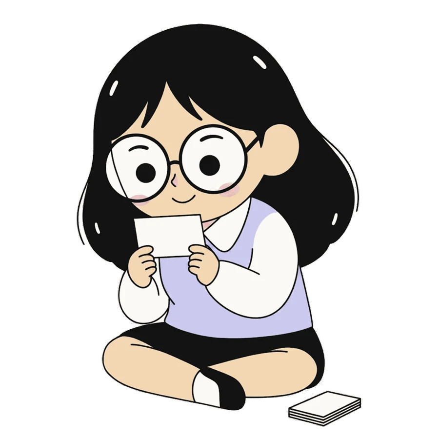 Mai ngồi cạnh một chồng flashcard
