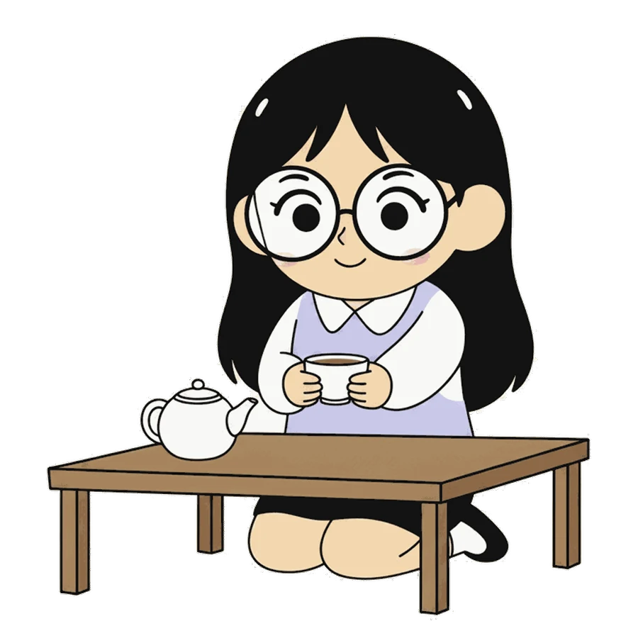 Mai ngồi bên bàn trà thấp, tay cầm chén trà